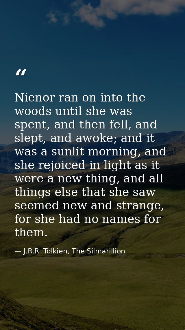 Nienor ran on into the woods until she was spent, and then fell, and slept, and awoke; and it was a sunlit morning, and  — J.R.R. Tolkien, The Silmarillion