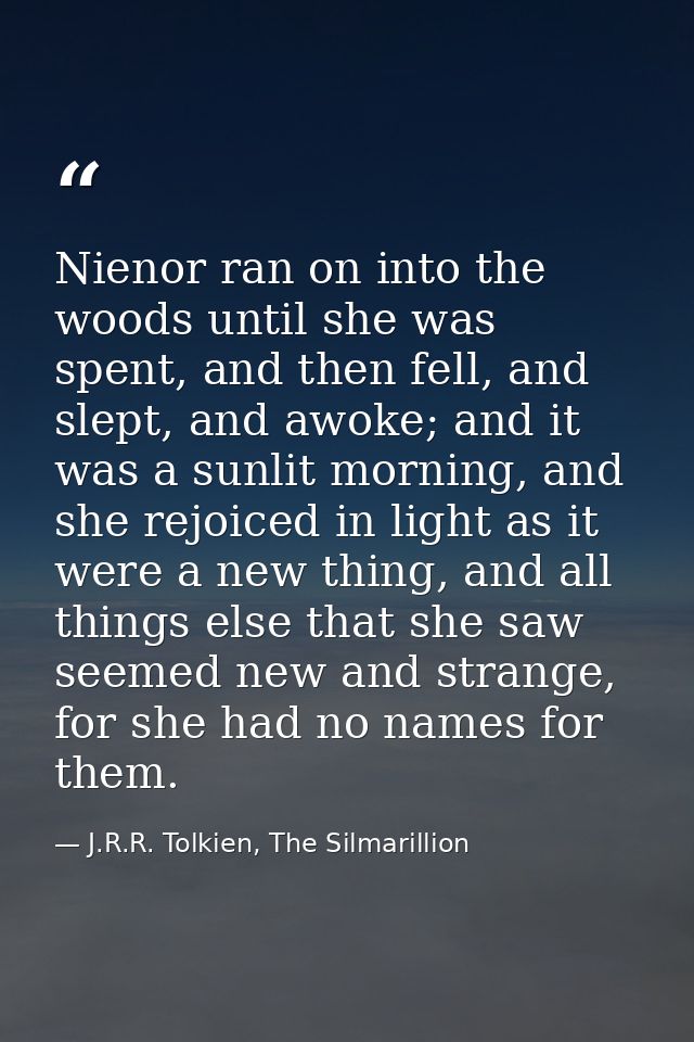 Nienor ran on into the woods until she was spent, and then fell, and slept, and awoke; and it was a sunlit morning, and  — J.R.R. Tolkien, The Silmarillion