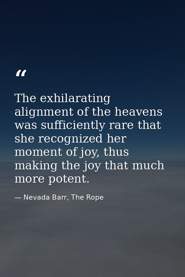 The exhilarating alignment of the heavens was sufficiently rare that she recognized her moment of joy, thus making the j — Nevada Barr, The Rope
