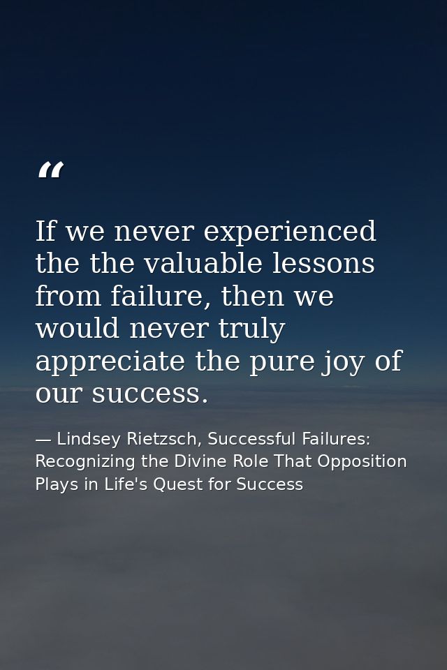 If we never experienced the the valuable lessons from failure, then we would never truly appreciate the pure joy of our  — Lindsey Rietzsch, Successful Failures: Recognizing the Divine Role That Opposition Plays in Life's Quest for Success