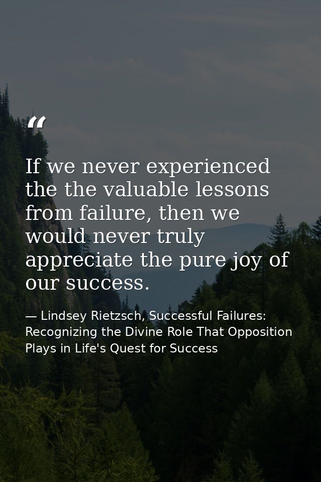 If we never experienced the the valuable lessons from failure, then we would never truly appreciate the pure joy of our  — Lindsey Rietzsch, Successful Failures: Recognizing the Divine Role That Opposition Plays in Life's Quest for Success