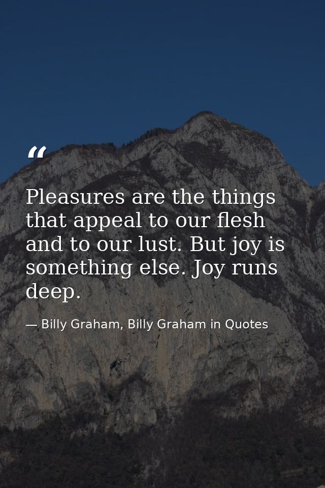 Pleasures are the things that appeal to our flesh and to our lust. But joy is something else. Joy runs deep. — Billy Graham, Billy Graham in Quotes
