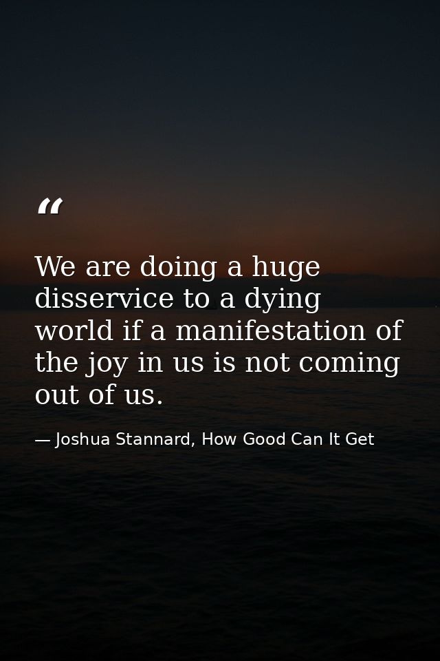 We are doing a huge disservice to a dying world if a manifestation of the joy in us is not coming out of us. — Joshua Stannard, How Good Can It Get