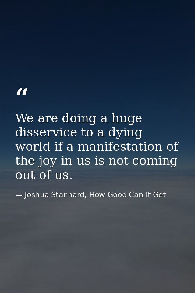We are doing a huge disservice to a dying world if a manifestation of the joy in us is not coming out of us. — Joshua Stannard, How Good Can It Get