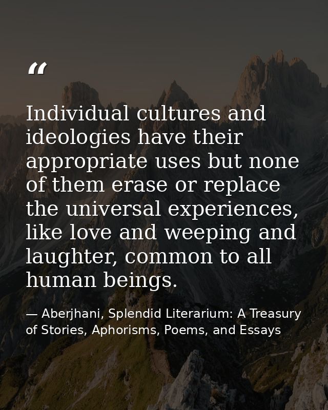 Individual cultures and ideologies have their appropriate uses but none of them erase or replace the universal experienc — Aberjhani, Splendid Literarium: A Treasury of Stories, Aphorisms, Poems, and Essays