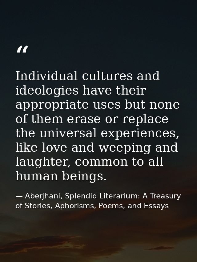 Individual cultures and ideologies have their appropriate uses but none of them erase or replace the universal experienc — Aberjhani, Splendid Literarium: A Treasury of Stories, Aphorisms, Poems, and Essays