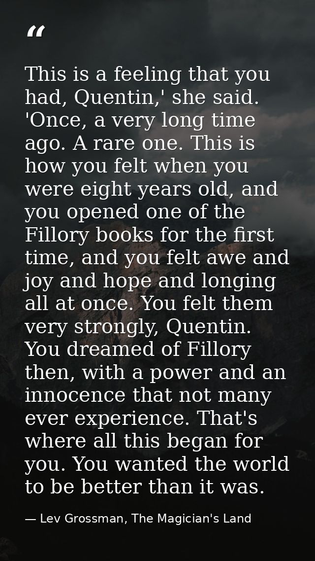 This is a feeling that you had, Quentin,' she said. 'Once, a very long time ago. A rare one. This is how you felt when y — Lev Grossman, The Magician's Land