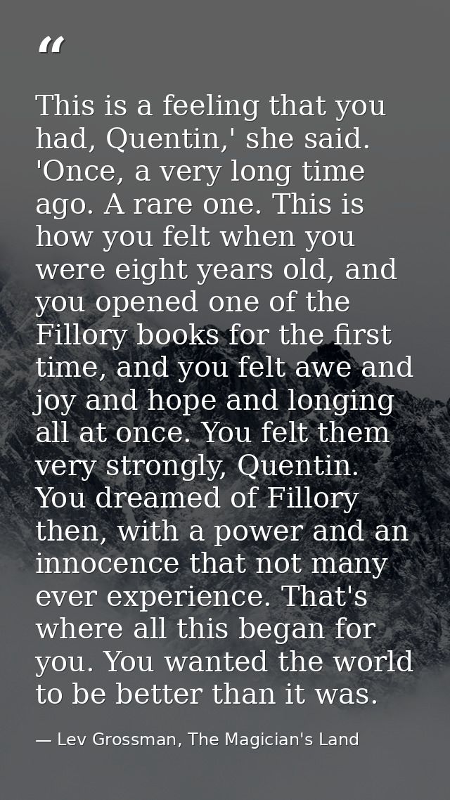 This is a feeling that you had, Quentin,' she said. 'Once, a very long time ago. A rare one. This is how you felt when y — Lev Grossman, The Magician's Land