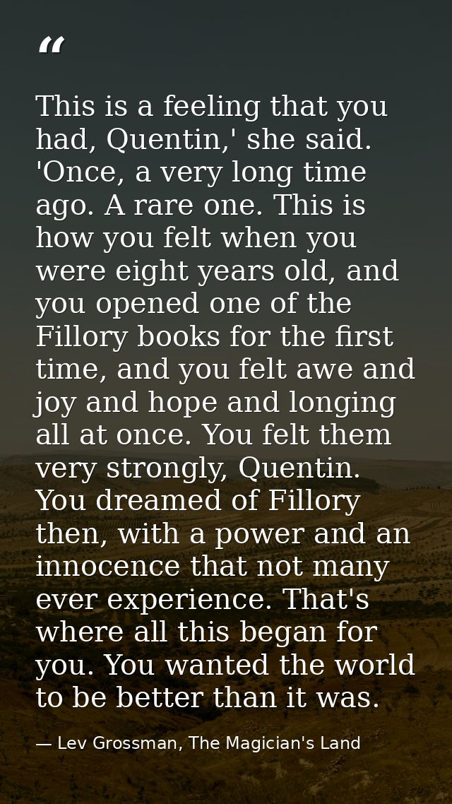 This is a feeling that you had, Quentin,' she said. 'Once, a very long time ago. A rare one. This is how you felt when y — Lev Grossman, The Magician's Land