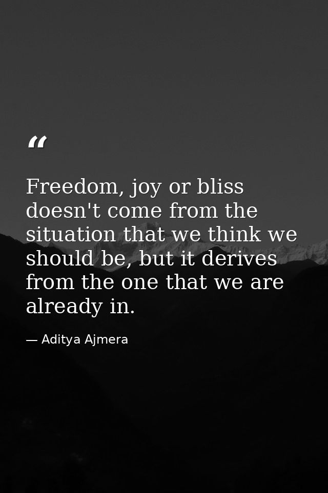 Freedom, joy or bliss doesn't come from the situation that we think we should be, but it derives from the one that we ar — Aditya Ajmera