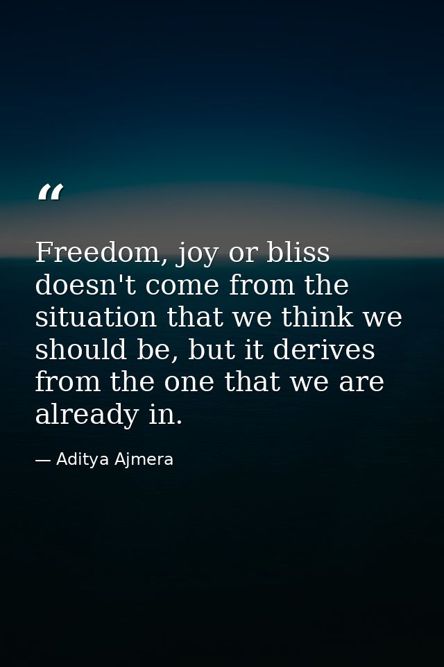 Freedom, joy or bliss doesn't come from the situation that we think we should be, but it derives from the one that we ar — Aditya Ajmera