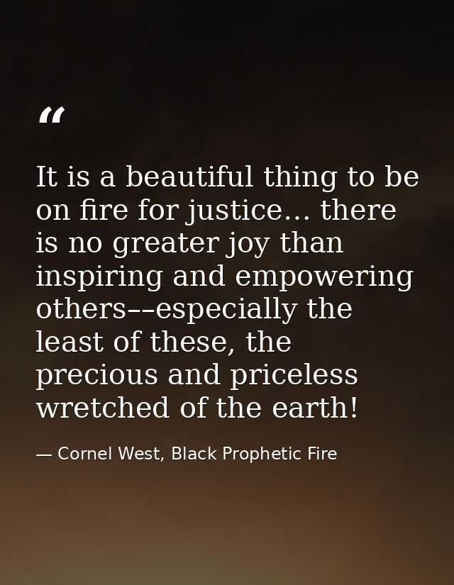 It is a beautiful thing to be on fire for justice… there is no greater joy than inspiring and empowering others––especia — Cornel West, Black Prophetic Fire