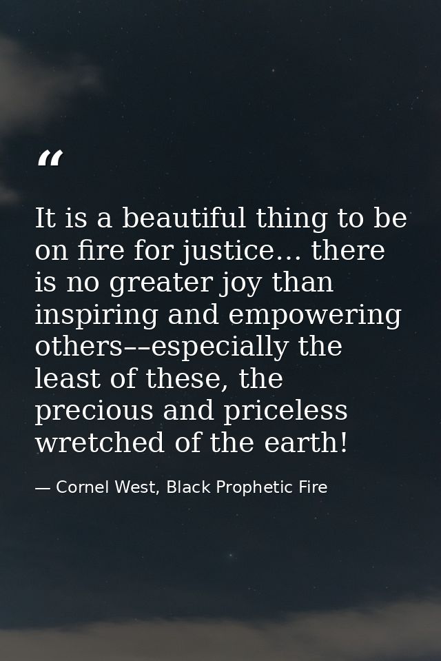 It is a beautiful thing to be on fire for justice… there is no greater joy than inspiring and empowering others––especia — Cornel West, Black Prophetic Fire