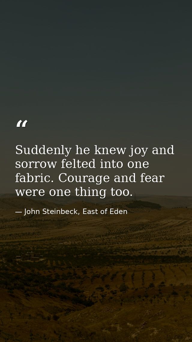 Suddenly he knew joy and sorrow felted into one fabric. Courage and fear were one thing too. — John Steinbeck, East of Eden