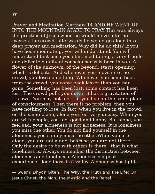 Prayer and Meditation Matthew 14 AND HE WENT UP INTO THE MOUNTAIN APART TO PRAY This was always the practice of Jesus wh — Swami Dhyan Giten, The Way, the Truth and the Life: On Jesus Christ, the Man, the Mystic and the Rebel