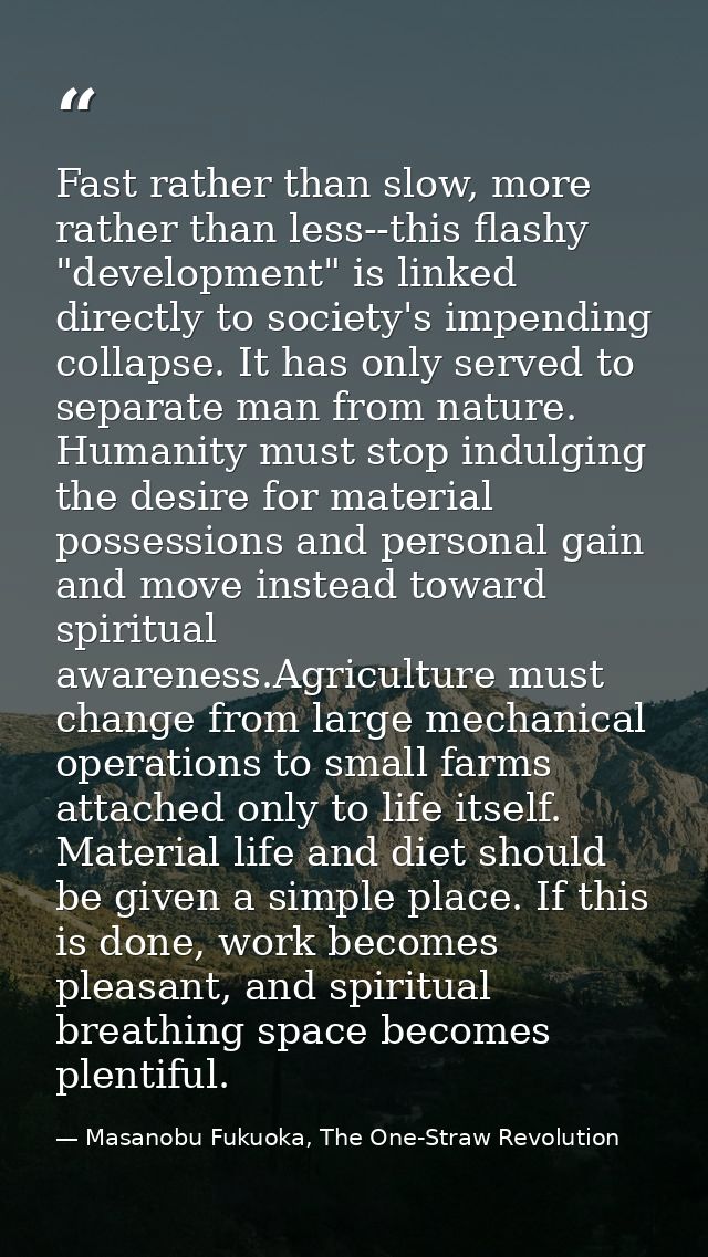 Fast rather than slow, more rather than less--this flashy "development" is linked directly to society's impending collap — Masanobu Fukuoka, The One-Straw Revolution