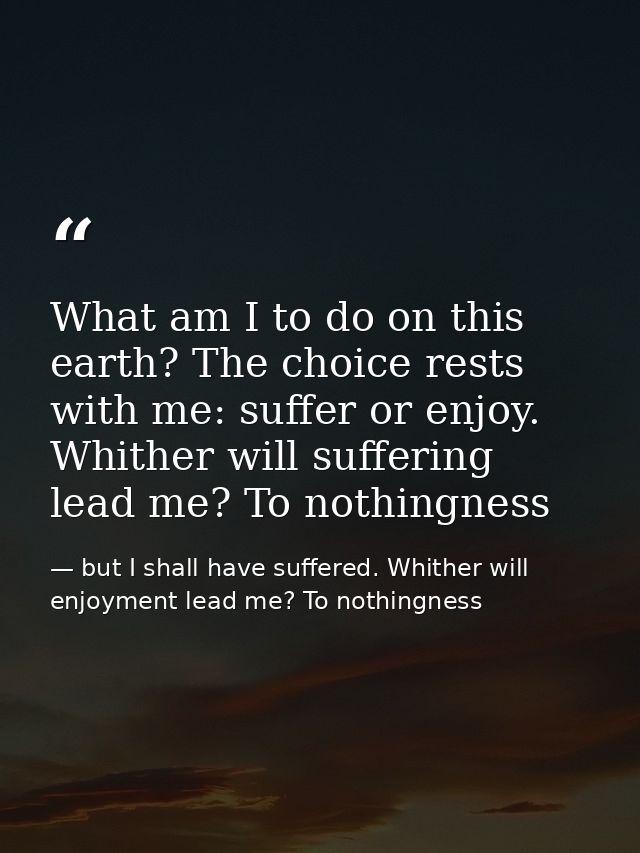 What am I to do on this earth? The choice rests with me: suffer or enjoy. Whither will suffering lead me? To nothingness — but I shall have suffered. Whither will enjoyment lead me? To nothingness