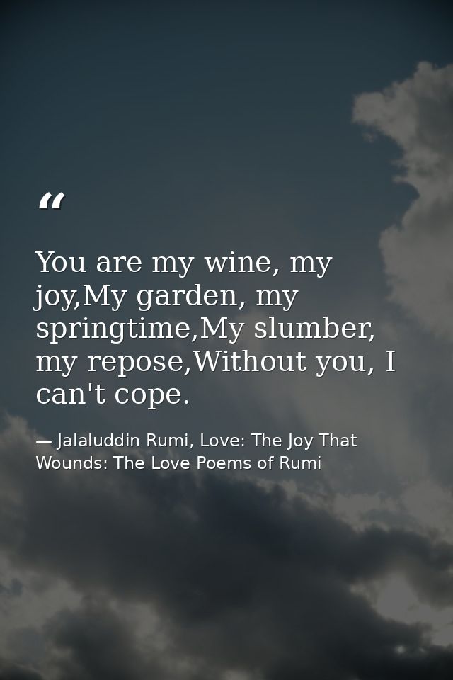 You are my wine, my joy,My garden, my springtime,My slumber, my repose,Without you, I can't cope. — Jalaluddin Rumi, Love: The Joy That Wounds: The Love Poems of Rumi