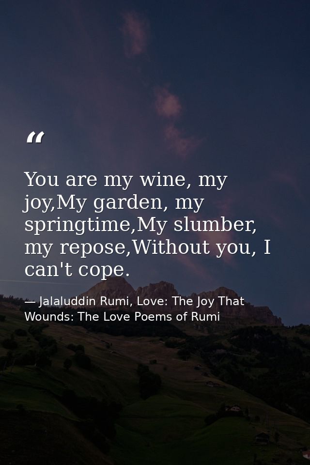 You are my wine, my joy,My garden, my springtime,My slumber, my repose,Without you, I can't cope. — Jalaluddin Rumi, Love: The Joy That Wounds: The Love Poems of Rumi