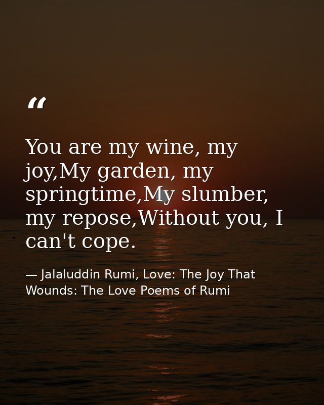 You are my wine, my joy,My garden, my springtime,My slumber, my repose,Without you, I can't cope. — Jalaluddin Rumi, Love: The Joy That Wounds: The Love Poems of Rumi