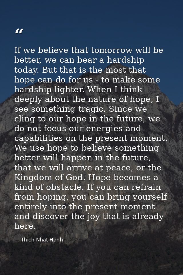 If we believe that tomorrow will be better, we can bear a hardship today. But that is the most that hope can do for us - — Thich Nhat Hanh