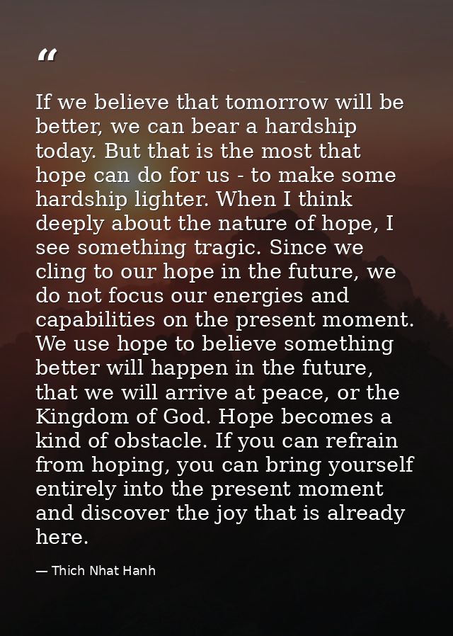 If we believe that tomorrow will be better, we can bear a hardship today. But that is the most that hope can do for us - — Thich Nhat Hanh