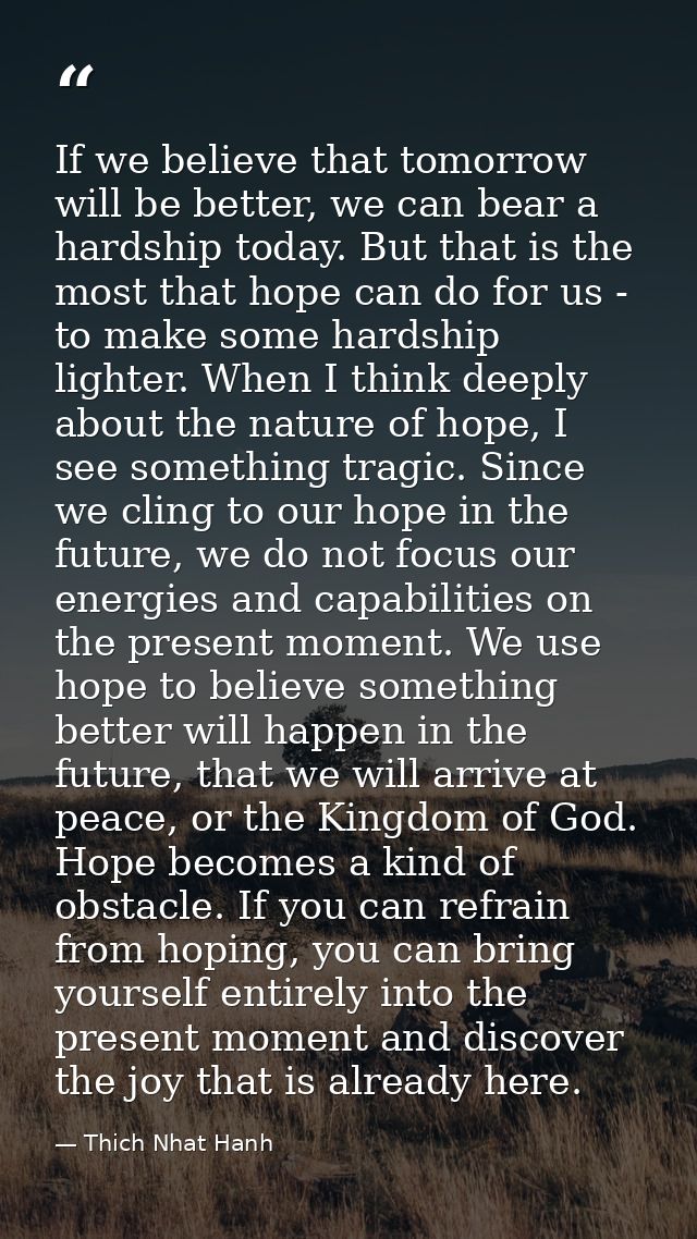 If we believe that tomorrow will be better, we can bear a hardship today. But that is the most that hope can do for us - — Thich Nhat Hanh