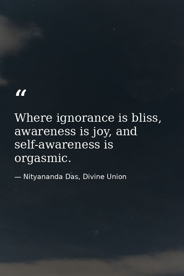 Where ignorance is bliss, awareness is joy, and self-awareness is orgasmic. — Nityananda Das, Divine Union