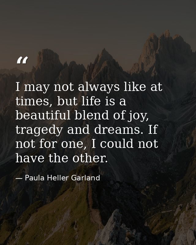 I may not always like at times, but life is a beautiful blend of joy, tragedy and dreams. If not for one, I could not ha — Paula Heller Garland