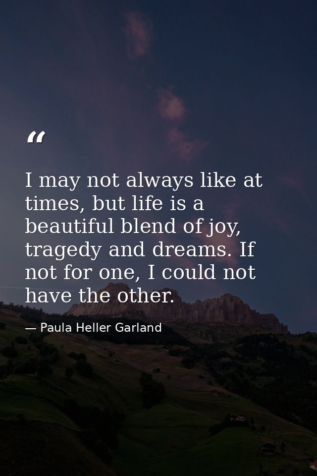 I may not always like at times, but life is a beautiful blend of joy, tragedy and dreams. If not for one, I could not ha — Paula Heller Garland