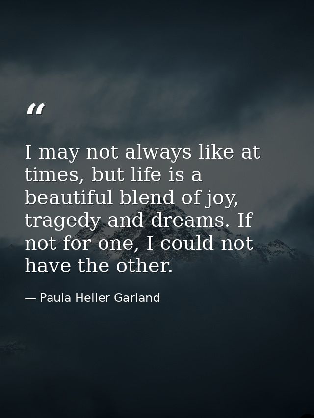I may not always like at times, but life is a beautiful blend of joy, tragedy and dreams. If not for one, I could not ha — Paula Heller Garland