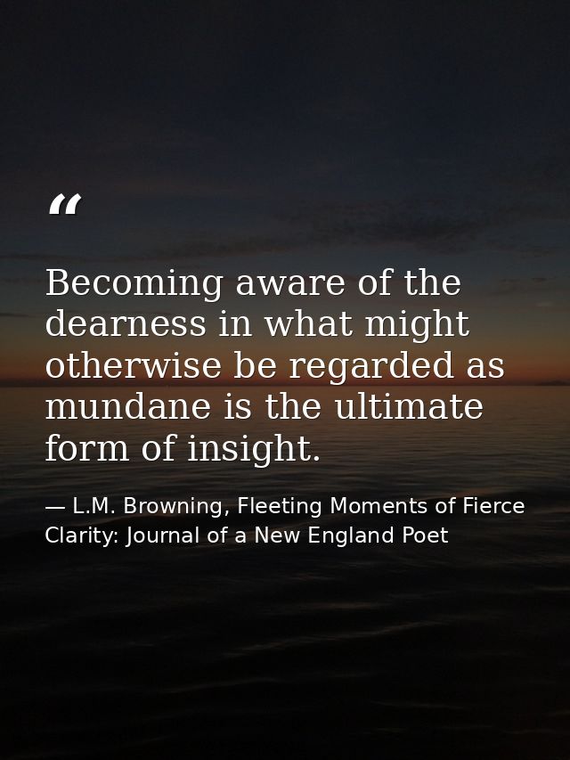 Becoming aware of the dearness in what might otherwise be regarded as mundane is the ultimate form of insight. — L.M. Browning, Fleeting Moments of Fierce Clarity: Journal of a New England Poet