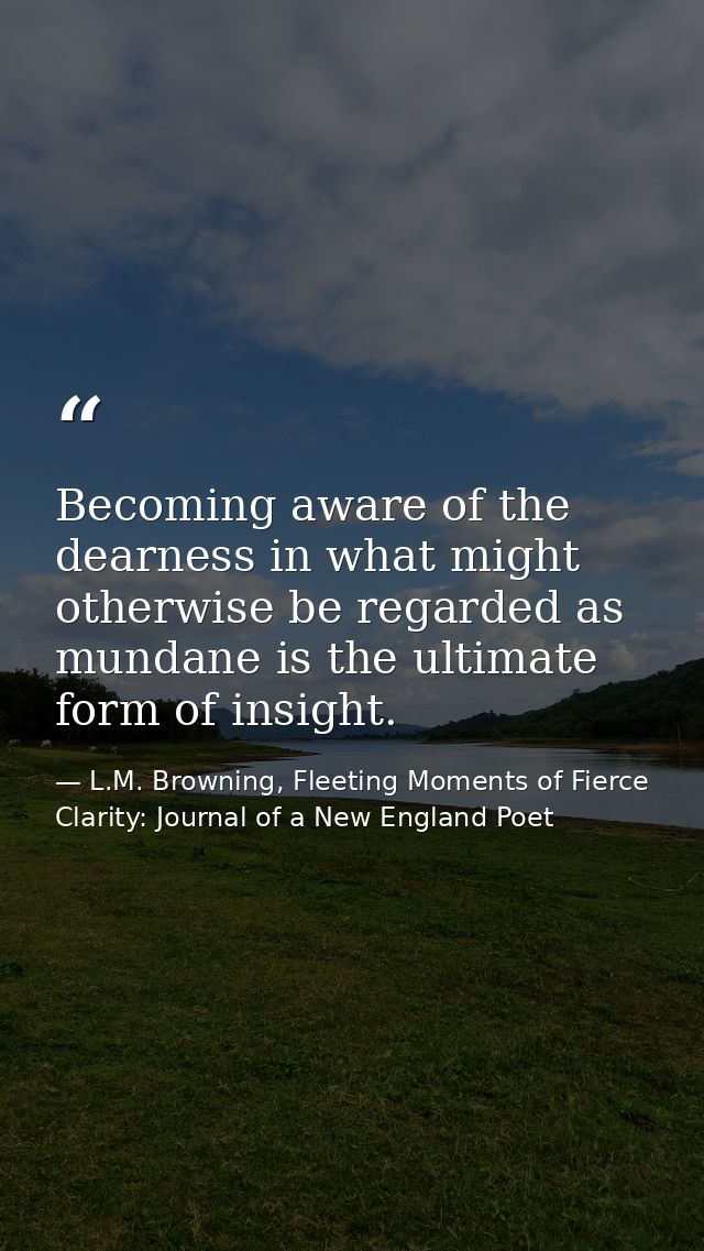 Becoming aware of the dearness in what might otherwise be regarded as mundane is the ultimate form of insight. — L.M. Browning, Fleeting Moments of Fierce Clarity: Journal of a New England Poet