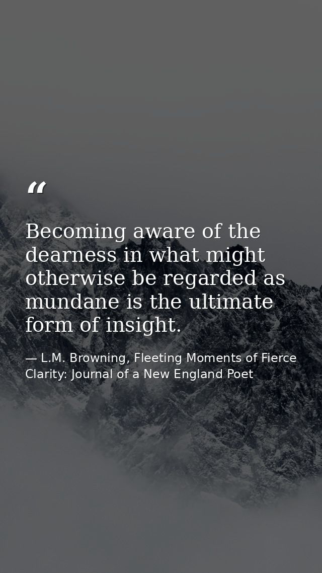 Becoming aware of the dearness in what might otherwise be regarded as mundane is the ultimate form of insight. — L.M. Browning, Fleeting Moments of Fierce Clarity: Journal of a New England Poet