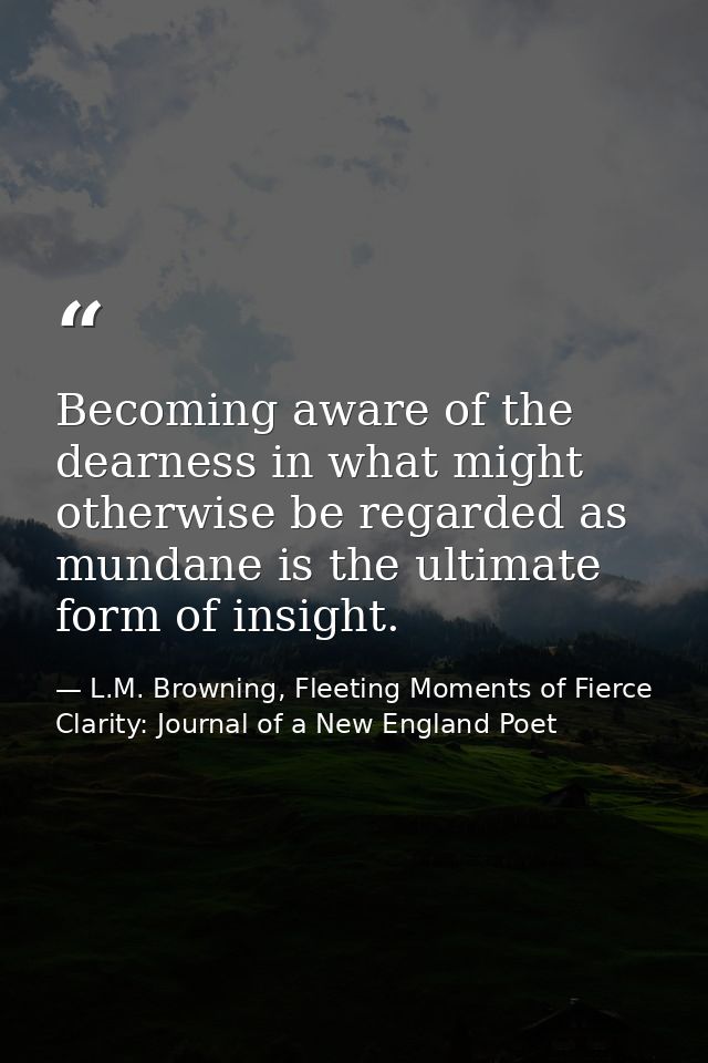 Becoming aware of the dearness in what might otherwise be regarded as mundane is the ultimate form of insight. — L.M. Browning, Fleeting Moments of Fierce Clarity: Journal of a New England Poet