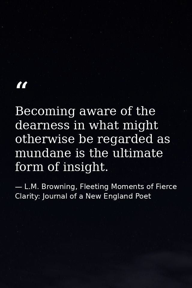 Becoming aware of the dearness in what might otherwise be regarded as mundane is the ultimate form of insight. — L.M. Browning, Fleeting Moments of Fierce Clarity: Journal of a New England Poet