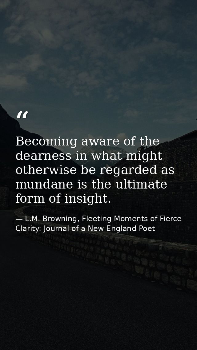 Becoming aware of the dearness in what might otherwise be regarded as mundane is the ultimate form of insight. — L.M. Browning, Fleeting Moments of Fierce Clarity: Journal of a New England Poet