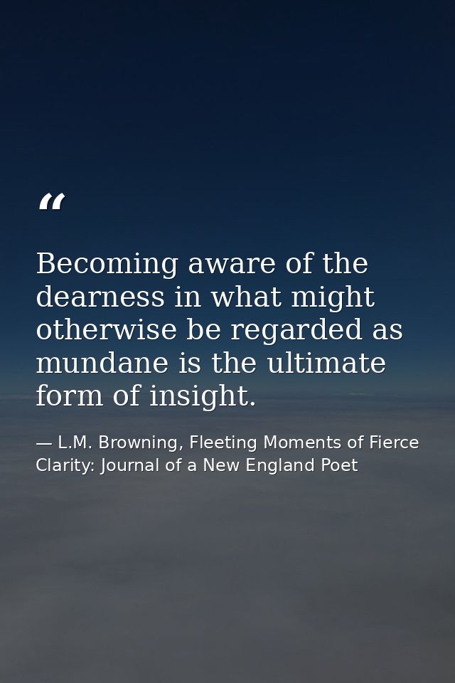 Becoming aware of the dearness in what might otherwise be regarded as mundane is the ultimate form of insight. — L.M. Browning, Fleeting Moments of Fierce Clarity: Journal of a New England Poet