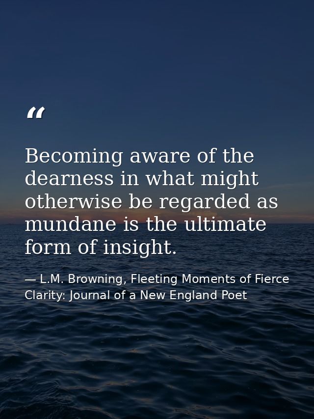 Becoming aware of the dearness in what might otherwise be regarded as mundane is the ultimate form of insight. — L.M. Browning, Fleeting Moments of Fierce Clarity: Journal of a New England Poet