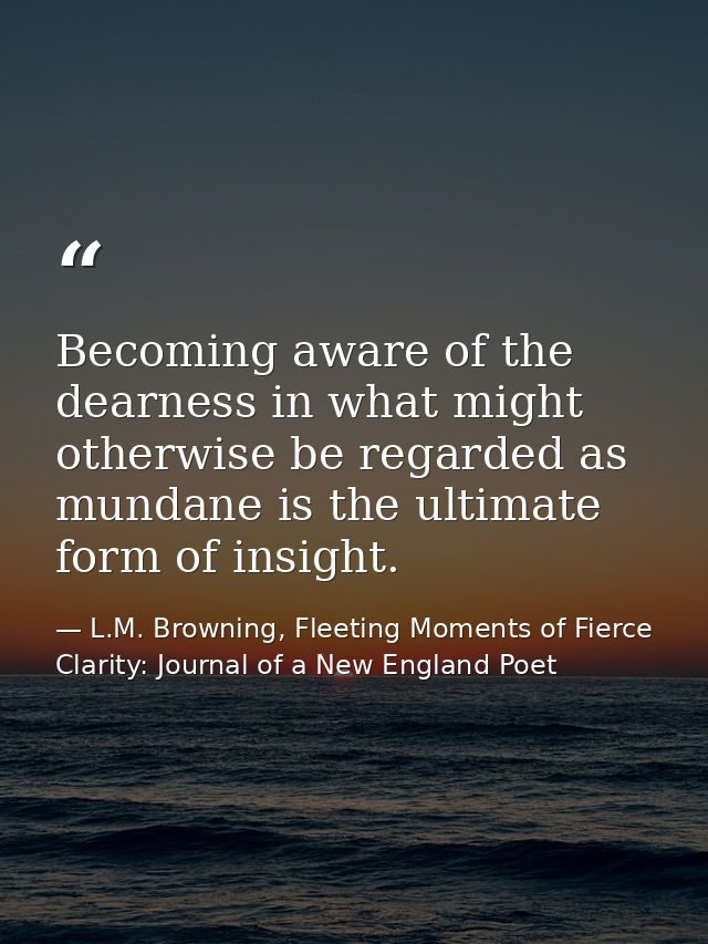 Becoming aware of the dearness in what might otherwise be regarded as mundane is the ultimate form of insight. — L.M. Browning, Fleeting Moments of Fierce Clarity: Journal of a New England Poet