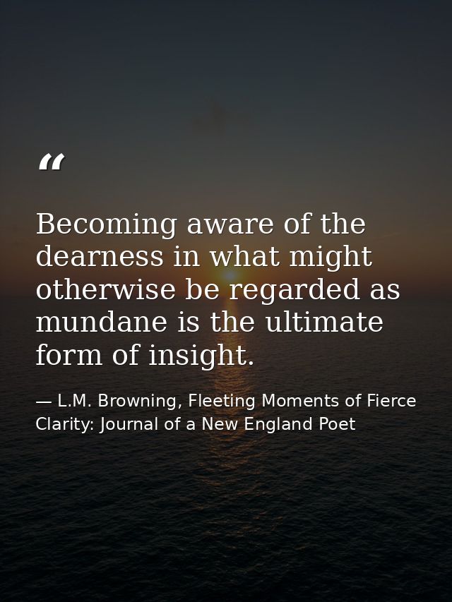 Becoming aware of the dearness in what might otherwise be regarded as mundane is the ultimate form of insight. — L.M. Browning, Fleeting Moments of Fierce Clarity: Journal of a New England Poet