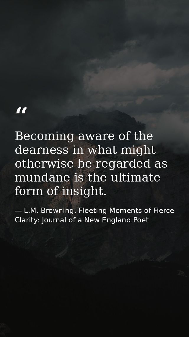 Becoming aware of the dearness in what might otherwise be regarded as mundane is the ultimate form of insight. — L.M. Browning, Fleeting Moments of Fierce Clarity: Journal of a New England Poet