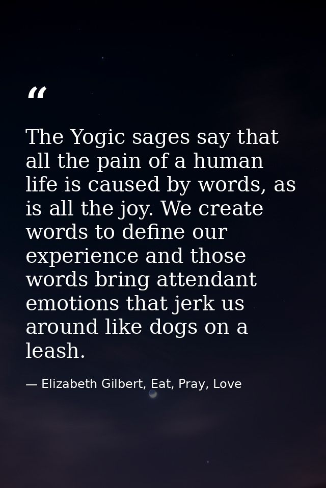 The Yogic sages say that all the pain of a human life is caused by words, as is all the joy. We create words to define o — Elizabeth Gilbert, Eat, Pray, Love