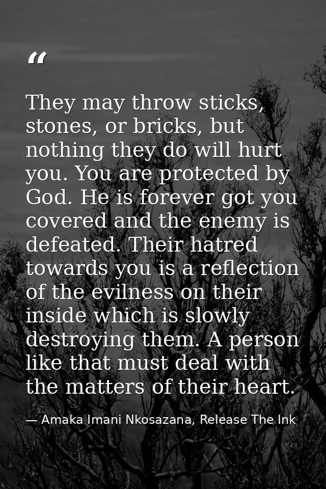 They may throw sticks, stones, or bricks, but nothing they do will hurt you. You are protected by God. He is forever got — Amaka Imani Nkosazana, Release The Ink