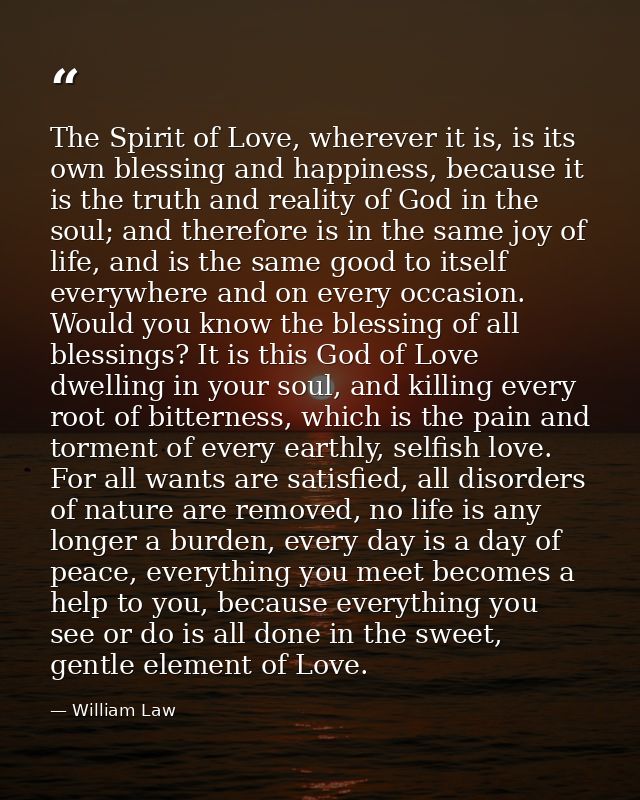 The Spirit of Love, wherever it is, is its own blessing and happiness, because it is the truth and reality of God in the — William Law