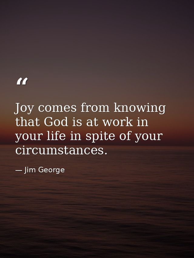 Joy comes from knowing that God is at work in your life in spite of your circumstances. — Jim George