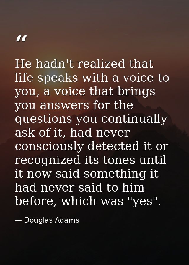 He hadn't realized that life speaks with a voice to you, a voice that brings you answers for the questions you continual — Douglas Adams