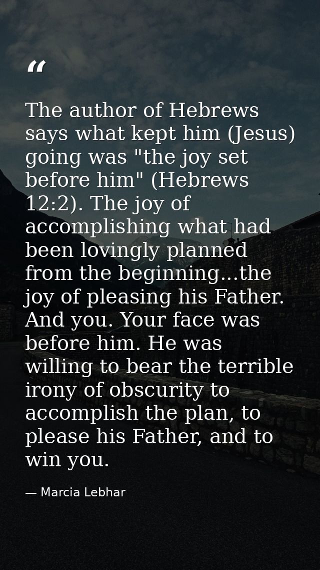 The author of Hebrews says what kept him (Jesus) going was "the joy set before him" (Hebrews 12:2). The joy of accomplis — Marcia Lebhar
