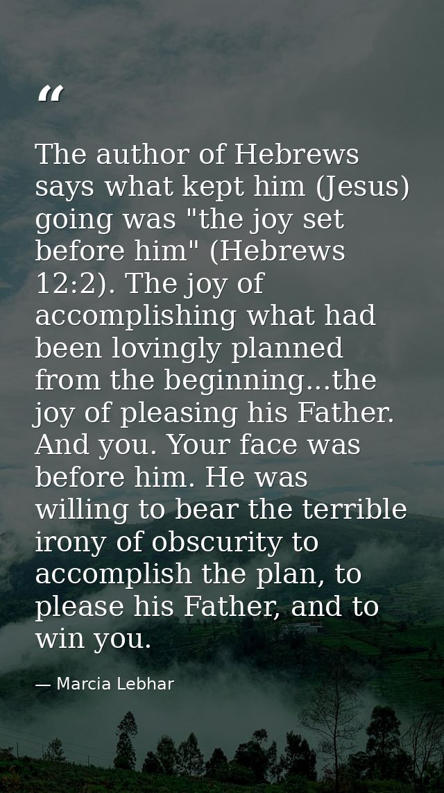 The author of Hebrews says what kept him (Jesus) going was "the joy set before him" (Hebrews 12:2). The joy of accomplis — Marcia Lebhar