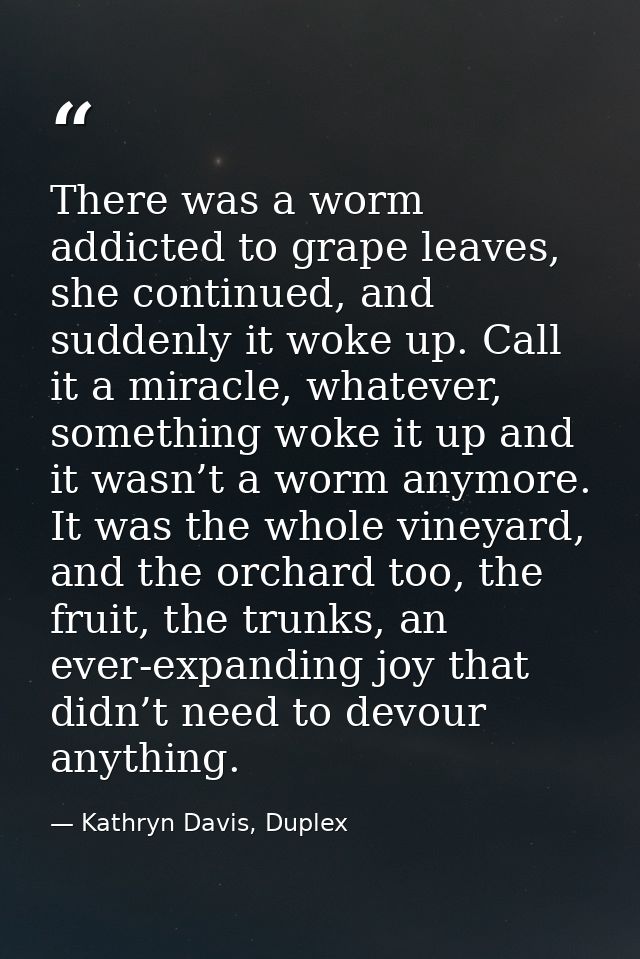 There was a worm addicted to grape leaves, she continued, and suddenly it woke up. Call it a miracle, whatever, somethin — Kathryn Davis, Duplex
